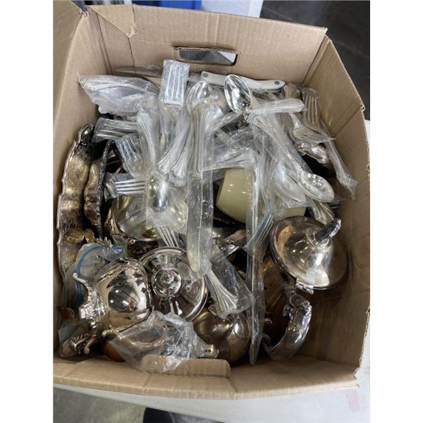 BOX OF SILVERWARE AND SILVER PLATE SERVING ITEMS