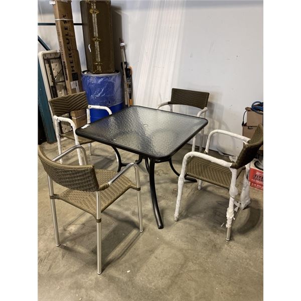 BRAND NEW GLASS TOP SQAURE PATIO WITH 4 BROWN STACKING CHAIRS, 36 INCH SQUARE TABLE
