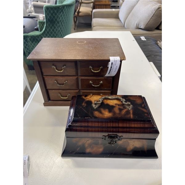 2 WOODEN JEWELRY BOXES W/ CONTENTS