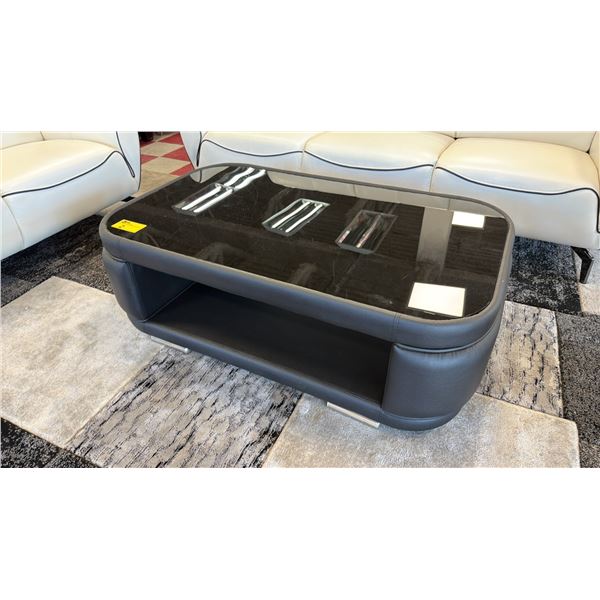 MODERN LEATHER & GLASS TOP COFFEE TABLE WITH STORAGE SPACE