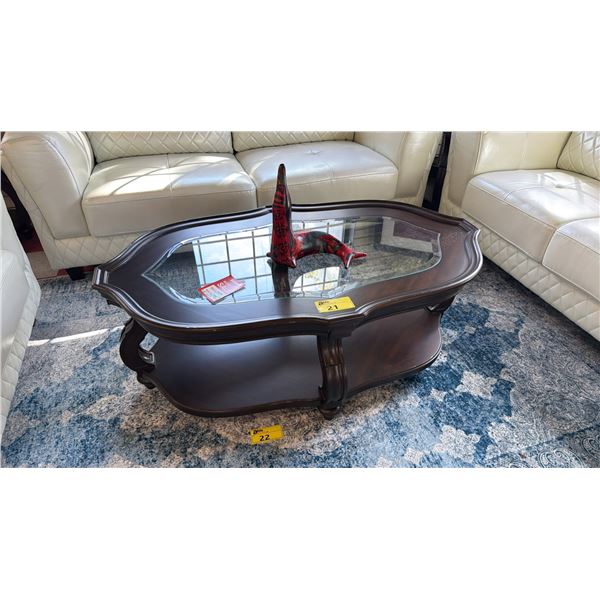 MODERN 3-PC 2-TIER WOOD WITH IN-LAID GLASS TOP TABLE SET INCLUDING; COFFEE TABLE & 2 END TABLES