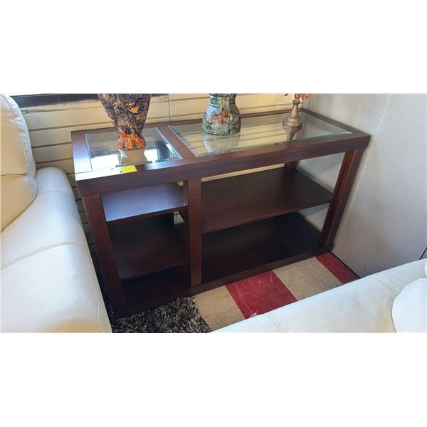 MULTI-TIER WOOD WITH IN-LAID GLASS HALL TABLE