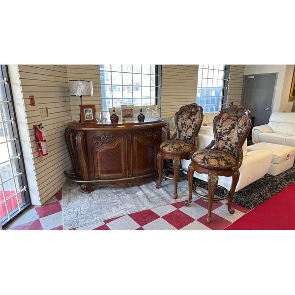 3-PC MICHAEL AMINI BAR SET INCLUDING; WOOD BAR CABINET, (2) PATTERNED BAR CHAIRS & CONTENTS OF BAR