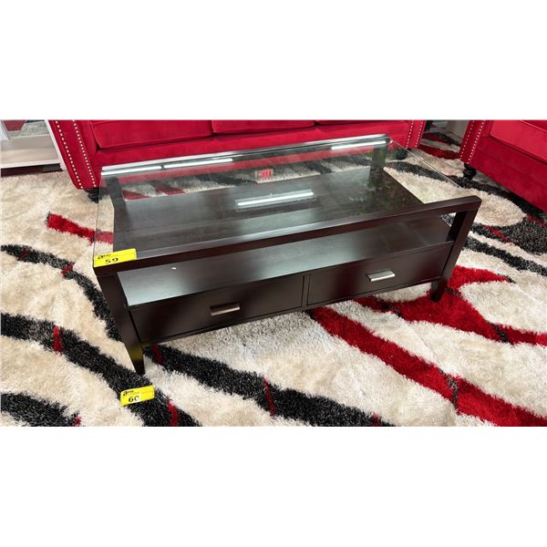 MODERN 2-DRAWER WOOD & GLASS COFFEE TABLE