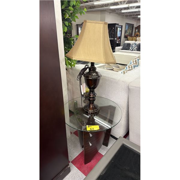 MODERN WOOD & GLASS TOP ROUND END TABLE & TABLE LAMP