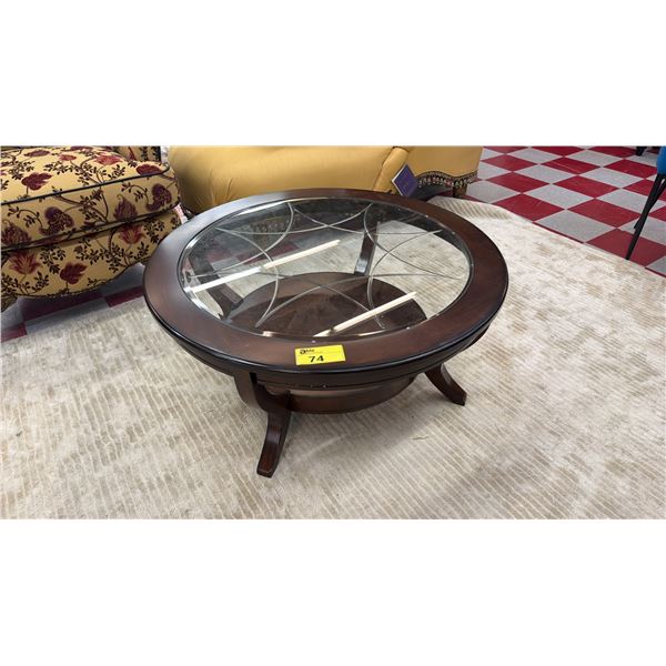 MODERN ROUND WOOD & IN-LAID GLASS TOP COFFEE TABLE