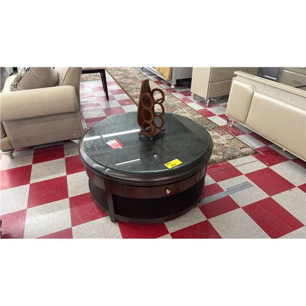 MODERN ROUND WOOD, LEATHER & GLASS COFFEE TABLE
