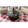 Image 1 : MODERN ROUND WOOD, LEATHER & GLASS COFFEE TABLE