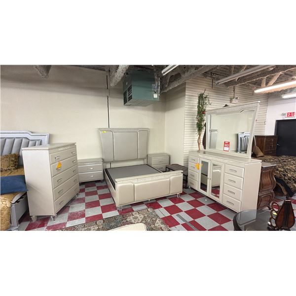 6-PC BEDROOM SUITE INCLUDING; LEATHER QUEEN SIZE BED, VANITY, HIGHBOY DRESSER, (2) SIDE TABLES