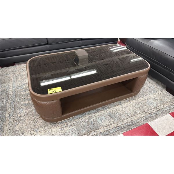 3-PC MODERN LEATHER & IN-LAID GLASS TOP TABLE SET INCLUDING; COFFEE TABLE & (2) END TABLES