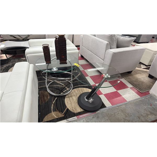 (2) ASSORTED ROUND GLASS TOP END TABLES WITH TABLE DECOR CONTENTS