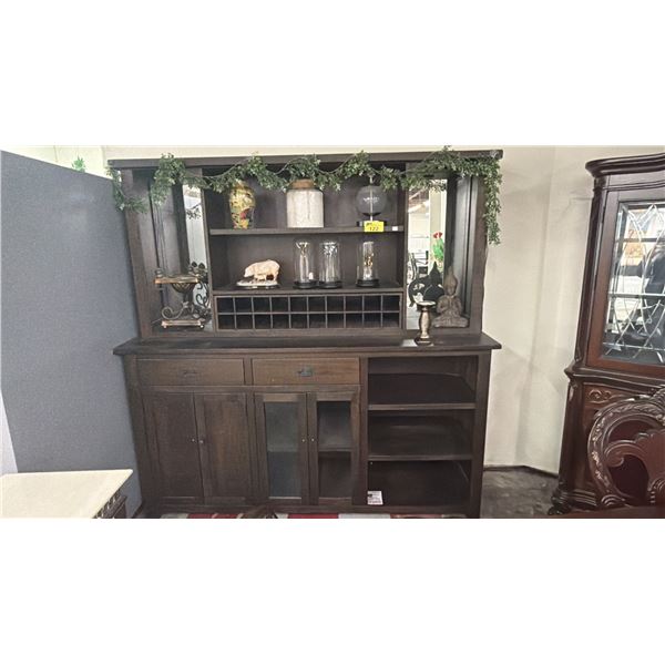 MODERN WOOD BUFFET & HUTCH WITH ASSORTED CONTENTS