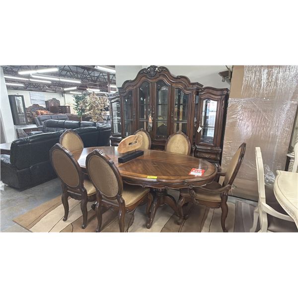 9-PC DINING SET INCLUDING; DINING TABLE & 6 CHAIRS WITH GLASS FRONT BUFFET & HUTCH & TABLE DECOR