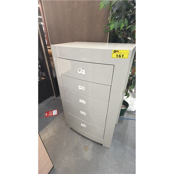 MODERN BOW FRONT HIGHBOY DRESSER WITH FOLD-UP MIRROR & JEWELRY STORAGE (HANDLES CONTAINED INSIDE)