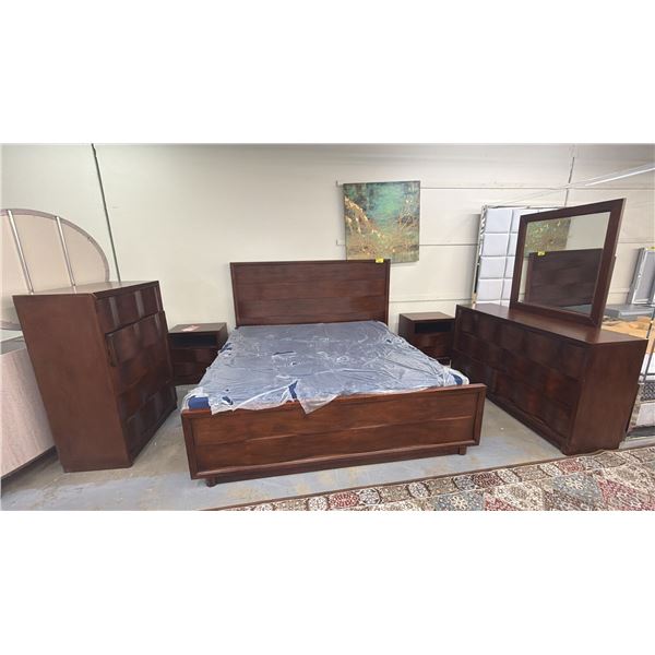 5-PC BEDROOM SUITE INCLUDING; QUEEN SIZE BED WITH MATTRESS, DRESSER WITH MIRROR, HIGHBOY DRESSER &