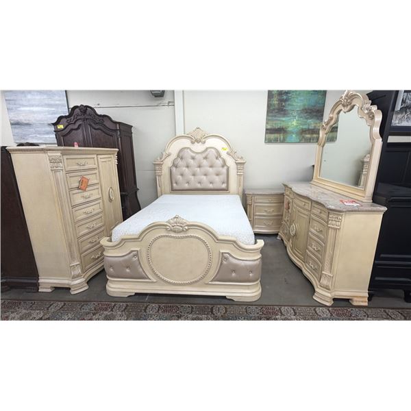 4-PC BEDROOM SUITE INCLUDING; QUEEN SIZE BED WITH MATTRESS, DRESSER WITH MIRROR, HIGHBOY