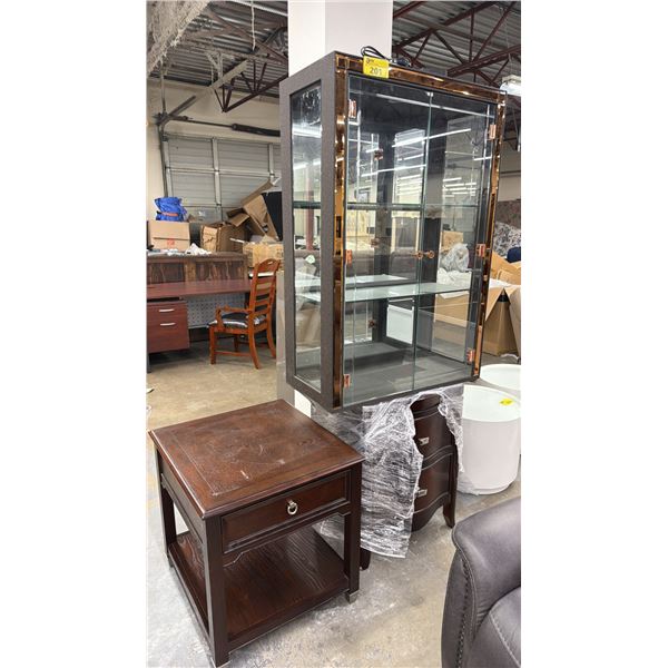 GLASS DISPLAY CABINET, SIDE TABLE & NIGHT STAND