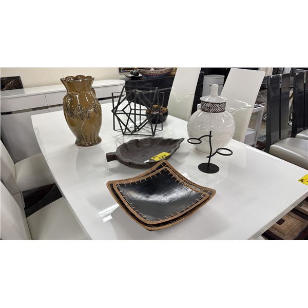 ASSORTED TABLE DECOR INCLUDING; VASES, FRUIT DISHES & MORE