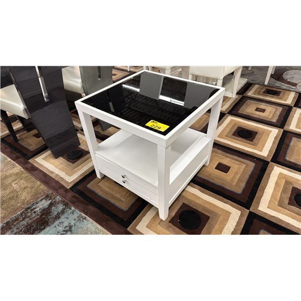 MODERN WOOD & IN-LAID GLASS 1-DRAWER SIDE TABLE