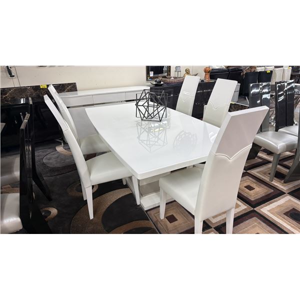 MODERN DINING TABLE WITH 5 LEATHER DINING CHAIRS & MODERN 3-DRAWER 3-DOOR FELT LINED CABINET