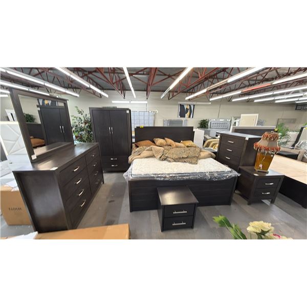 7-PC BEDROOM SUITE INCLUDING; KING SIZE BED WITH MATTRESS & BEDDING, DRESSER WITH MIRROR, HIGHBOY