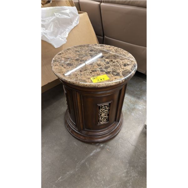 ROUND WOOD FAUX GRANITE TOP END TABLE