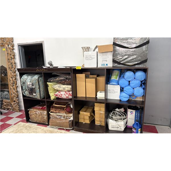 8-BAY WOOD CUBBY CABINET BY MICHAEL AMINI WITH ASSORTED CONTENTS INCLUDING; BEDDING, PILLOWS, COPIER