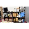 Image 1 : 8-BAY WOOD CUBBY CABINET BY MICHAEL AMINI WITH ASSORTED CONTENTS INCLUDING; BEDDING, PILLOWS, COPIER