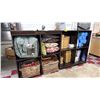 Image 2 : 8-BAY WOOD CUBBY CABINET BY MICHAEL AMINI WITH ASSORTED CONTENTS INCLUDING; BEDDING, PILLOWS, COPIER