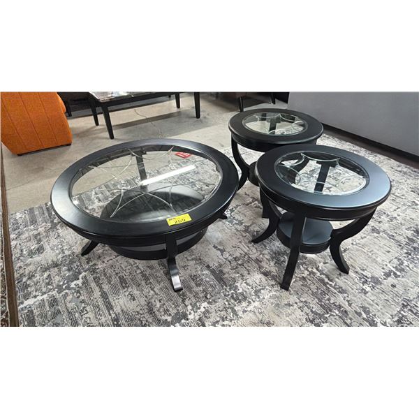 3-PC ROUND WOOD & IN-LAID ETCHED GLASS TOP TABLE SET INCLUDING; COFFEE TABLE & (2) SIDE TABLES