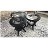 Image 2 : 3-PC ROUND WOOD & IN-LAID ETCHED GLASS TOP TABLE SET INCLUDING; COFFEE TABLE & (2) SIDE TABLES