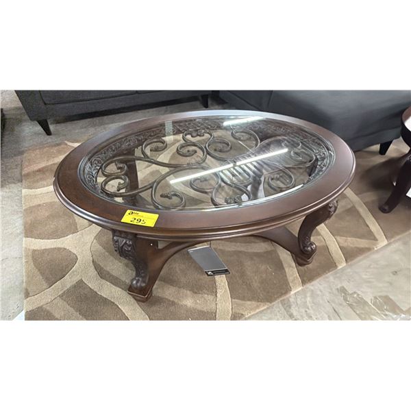 OVAL WOOD & IN-LAID GLASS COFFEE TABLE