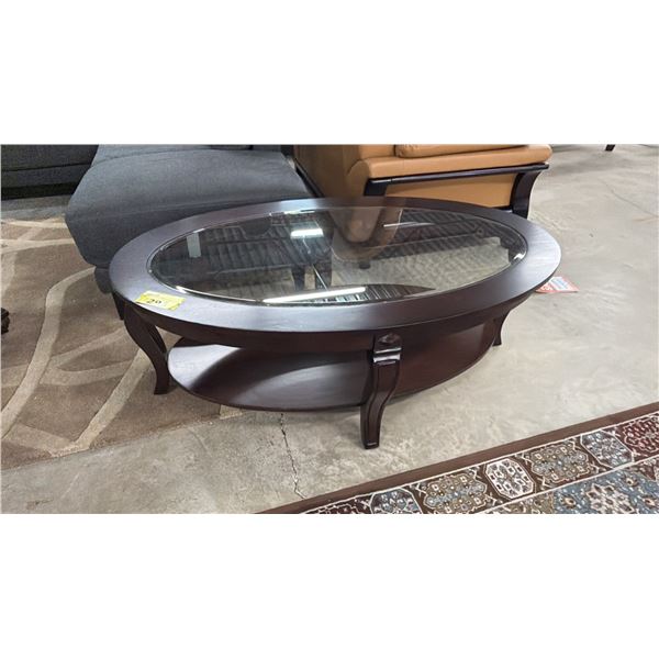 OVAL 2-TIER WOOD & IN-LAID GLASS COFFEE TABLE