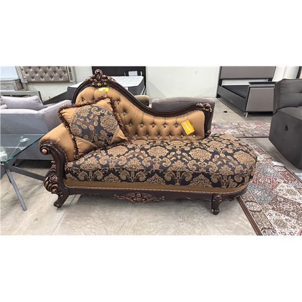 FABRIC & TUFTED LEATHER CHAISE LOUNGER WITH THROW PILLOW