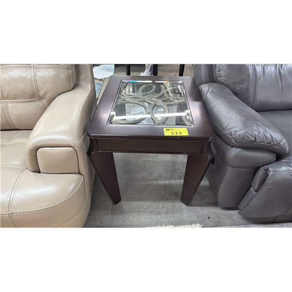 WOOD & IN-LAID GLASS SIDE TABLE