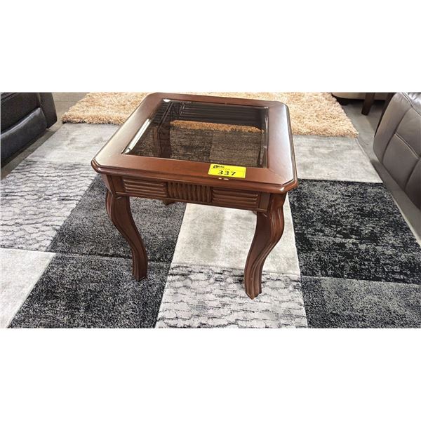 WOOD & IN-LAID GLASS END TABLE
