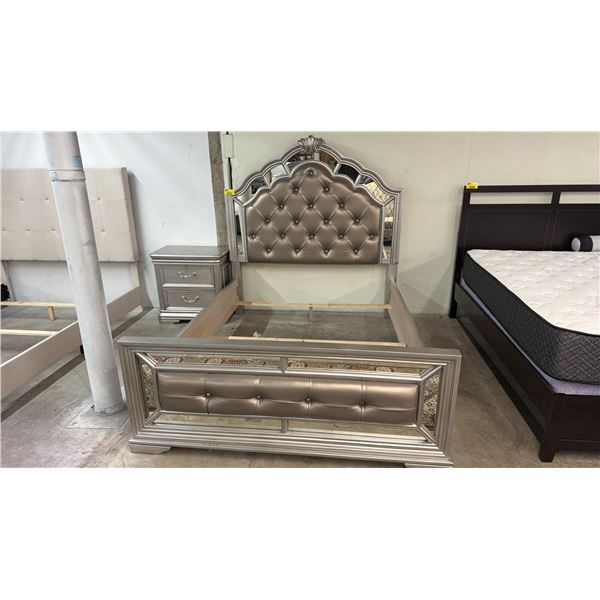 LEATHER & MIRRORED TRIM QUEEN SIZED BED & NIGHT STAND