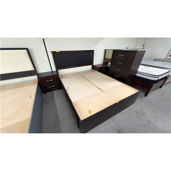 4-PC BEDROOM SUITE INCLUDING; QUEEN SIZE BED WITH STORAGE, HIGHBOY DRESSER & (2) NIGHT STANDS