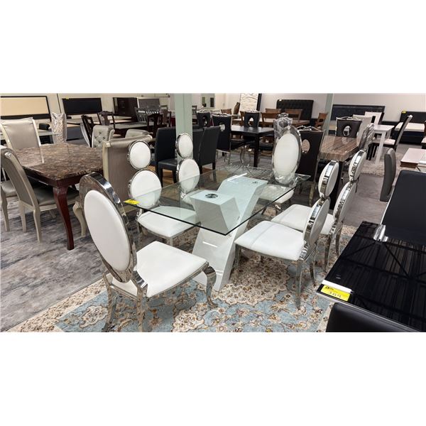 MODERN GLASS TOP DINING TABLE WITH 6 CHAIRS  (TABLE LEGS DAMAGED)