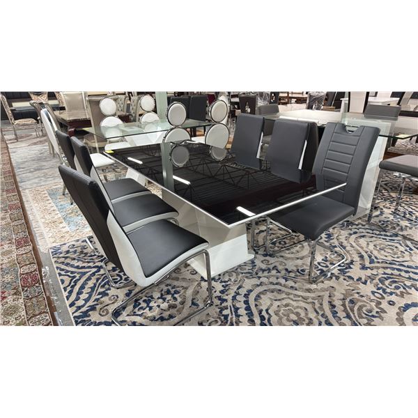 MODERN GLASS TOP DINING TABLE WITH 6 CHAIRS (1 CHAIR MISMATCHED)