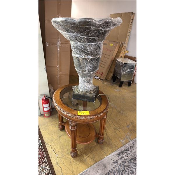 LARGE VASE & 2-TIER OVAL IN-LAID GLASS END TABLE