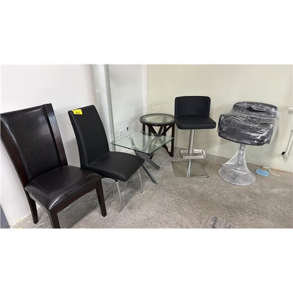 4 ASSORTED CHAIRS & 2 SMALL GLASS TOP TABLES