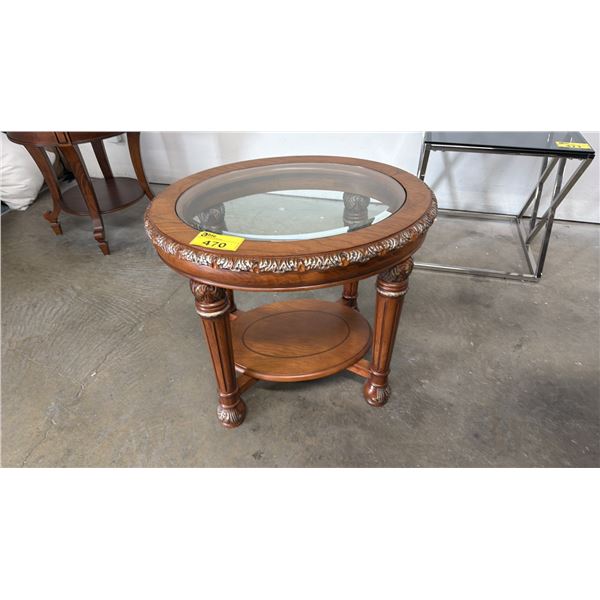 ROUND 2-TIER WOOD & IN-LAID GLASS END TABLE