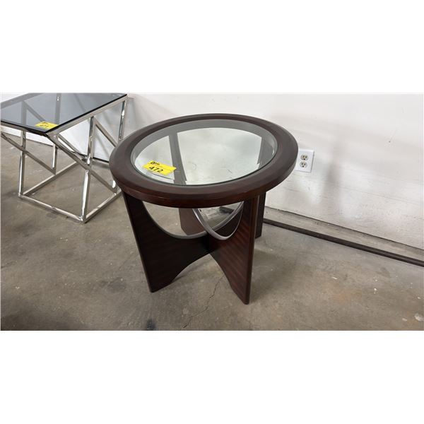 ROUND MODERN WOOD & IN-LAID GLASS END TABLE