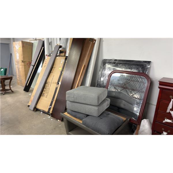 ASSORTED FURNITURE INCLUDING; FRAMED MIRRORS, BED FRAMES, CUSHIONS & MORE *MUST TAKE ALL IN PHOTOS*