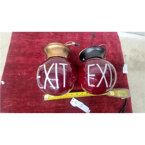 Pair of Vintage Ruby Red Glass Globe EXIT Sign Lights with Metal Fittings, Approx 6" Diameter