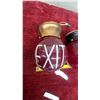 Image 2 : Pair of Vintage Ruby Red Glass Globe EXIT Sign Lights with Metal Fittings, Approx 6" Diameter