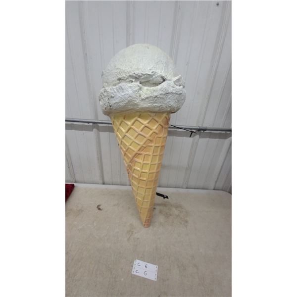 Large Fiberglass Ice Cream Cone Display Sign with Vanilla Scoop, Wall-Mount Bracket Flange Style