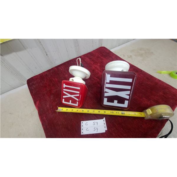 Pair of Vintage Glass Exit Signs with White Porcelain Ceiling Mount Fixtures, Approx. 5 x 6" Each