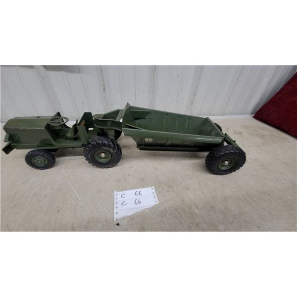 Vintage Modle Toy Pressed Metal Olive Green Scraper, Rubber Tires 27"